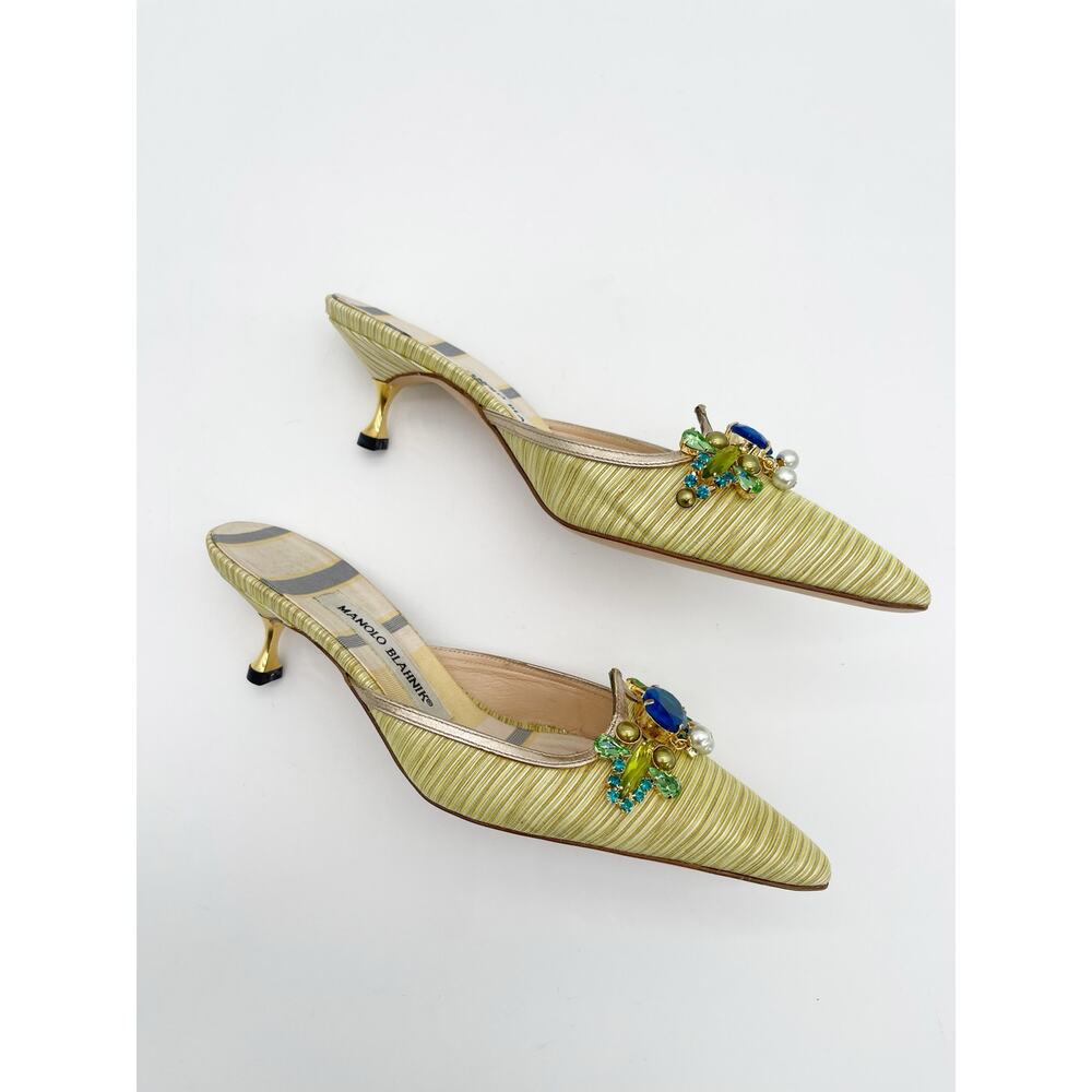 Manolo Blahnik Retro Green Striped Crystal Pointed Toe Kitten Heel Mules IT 36.5 - Picture 5 of 12